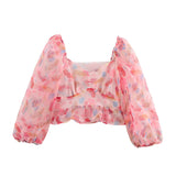 Fongt New Women's Fashion Simple Print Lantern Long-Sleeved Shirt