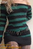 Dress Off Shoulder Punk Gothic Witchy Clothes Women Striped Long Sleeve Knitted Dress y2k Dark Academia