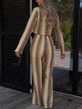 Fongt Women's Long-Sleeved Trousers Two-Piece Round Collar Crochet Girl Knitted Women 3051