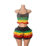 Fongt Striped Knitted Neck Top + Lotus Side Shorts Set Sexy Umbilked Fashion Two-Piece Set