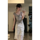 Fongt New French Temperament V-Neck Collar Slim Thin Top Design High Waist Half-Dress