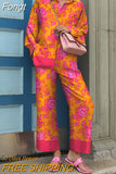 Autumn Vintage Pants Outfits Elegant Turn Down Collar Lady Casual Matching Set 2023 Women Printing Loose Two Pieces