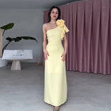 Fongt New Women's Wear Slanted Tie Flowers Simple Solid Color Elegant Long Dress