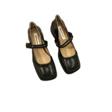 Retro Temperament Square Head Thick With Mary Jane Shoes Small Leather Shoes Female A Word Button Evening Evening Match Skirt Commuting Single Shoes-Outfit