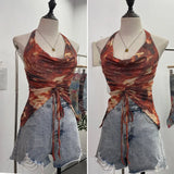 Real Shooting Holiday Wind Hanging Neck Collar Collar Tidling Strap Sling Vest Tie Mesh Yarn Short Sleeveless Top