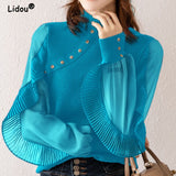 Fashion Autumn Winter O-Neck Knitted Splicing Chiffon Solid Color Pullovers for Women 2023 New Pleated Ruffles Rivet