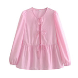 New 7-Color Bubble Sleeve Bow Tie Shirt In Spring-Outfit