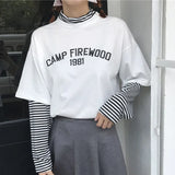 harajuku Stripe Patchwork TShirt Half Turtleneck T-Shirts autumn Long Sleeve Tops tee Shirt Women Fashion Causal
