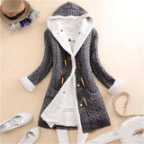 Women Casual Knit Ox Horn Button Coat Long Sleeve Sweater Cashmere Thick Warm Hooded Cardigan Coat Solid Comfy Knitwear Coat-Outfit