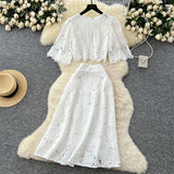 Fongt High-End Squeal Hook Lace Set Women's Summer Fashion Short Horn Sleeve Shirt High Waist Half-Dress