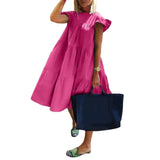 Neck Ruffled Short Sleeve Large Hem A Line Midi