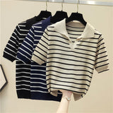 Vintage Short Sleeve Knitted T-shirts Girls Basic Striped Stretchy V-neck TShirts Tops For Women-Outfit