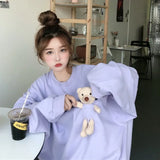 Chic Crewneck Women Sweatshirt Pullover Hoodies Solid Color Oversized Bear Female Clothes Loose Cute Kawaii