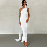 One Shoulder Backless Adjustable Scarf Loop Ruched Sexy Maxi Dress Women Elegant Y2K Streetwear Festival Outfit-Outfit