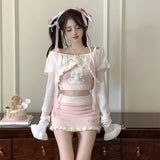 Fashion Kawaii Knitted Sweater Skirts 3 Piece Set Women Bodycon Slim Party Mini Skirt Autumn Lolita Suits Y2k Crop Tops-Outfit