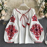 Fongt Travel To Shoot Retro National Wind Embroidery With Tuxedo V-Neck Lantern Sleeve Top Lady 0515