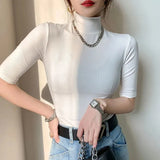 Women Half Turtleneck Slim Half Sleeve T Shirts Lady Threaded Fabric Elegant Stretchy Tops Tees Female Basic Sheath T-Shirt-Outfit