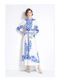 Fongt Retro Elegant Print Dress Women's Spring New French Court Style Waist Single Buckle Long Dress