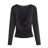 Fongt Autumn New Women's Simple Folded Long-Sleeved Folded T-Shirt