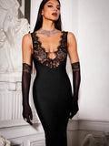 Patchwork Lace Sheer Camisole Midi Dress-Outfit