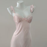 Fongt Sexy Pyjamas Women's Simulation Silk Summer Slings Long Dress Pure Wind Ice Silk Pajamas With Bra