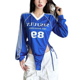 Fongt 2024 New Women's Unique Number Print Side Stripe Drawstring Design Top-Outfit