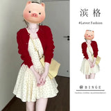Fongt Gentle Temperament Red Knitted Shirt Coat Wave Dot Square Tie Dress Women's Spring And Summer New Set