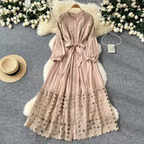 Fongt Retro Hollow Hook Lace Splicing Bow Strap With Waist Single Buckle Over Knee Dress New Autumn New