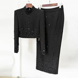 Fashion And Leisure Suit Women 2025 Spring New Diamond Splicing High Sense Two Sets Of Long-Sleeved Skirt