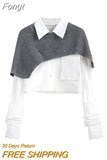 Fashion Women Two Pieces Sets Long Sleeve Short Blouse Shirt + Solid Knitted Pullover Crop Shawl Sweater Female