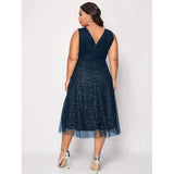 Fongt Women's Clothing Autumn Large-Size-In-Neck V-Neck Sexy Blue Body-In-Body Wave Point High-End Dress
