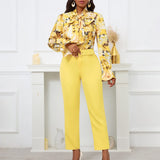 Fongt New Fashion Print Strap Long-Sleeved Top High-Waisted Trousers Set