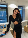 Elegant Solid Black Women's Two Pieces Sets Long Sleeves Crop Top+ High Waist Side Slit Skirts Matching Streetwear