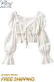 Pleated Lantern Long Sleeve Shirt For Women's 2023 Spring And Autumn New Vintage White Square Collar Blouse Tops