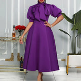 Fongt Large-Size Women's Summer New Bow Bow Pure Color Banquet Dress Skirt Short-Sleeved Dress