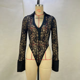 Fongt Sexy Lace Stitching Deep V Long Sleeve Top Slim See-Through High Waist Bell Bottoms Women's Suit-Outfit