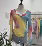 Fake Two Sunscreen Long-Sleeved T-Shirt Women Autumn Design Dizzling Drawstring Folding Short Top