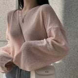 Solid Color V-Neck Oversized Knitted Tee-Outfit