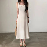 Fongt Chic Summer French Hepburn Wind Square Collar Dew Collarbone Waist Show Thin Big Pendulum A Line Dress Woman-Outfit