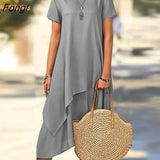 Women's Short Sleeve Round Neck Casual Asymmetric Hem Solid Color Midi Dress Chic and Elegant Woman Dress Women