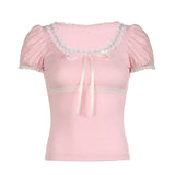 Sweet Girl Lace Lace Stitching U-Collar Temperament Aging Pink Casual Bubble Sleeve T-Shirt-Outfit