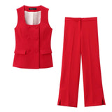 Fongt Women's 2025 Summer New Fashion Button Vest Straight Pants Set