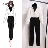 Autumn office ladies long sleeve two pieces set for women fake two-piece patchwork shirt and high waist black pants