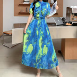 Fongt Design Wood-Like Ear-Side Bubble-Sleeved Dress Women's Waist Thin Temperament Print 100-Fold French Holiday Dress