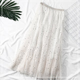 Elegant Korean Women Tulle Skirt Fashion Sequin Star Summer Mesh Ladies Long Skirt Elastic High Waist Party White