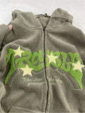 Fall Winter Women Zipper Design Drawstring Tie Up Letter Pattern Sweatshirts Baggy Long Sleeve Classic Hip-hop Hoodies