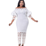 Fongt New Shoulder-To-Shoulder Bag Lace Spliced Lantern Sleeve Dress Dress Dress Dress