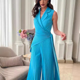 Fongt Summer New Fashion Lapel Multi-Pleated Solid Color Wide Leg One-Piece Trousers Women-Outfit