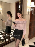 Fongt Xixi 2025 Autumn White Standard French Temperament Cloud Out-Shoulder Design Chiffon Long Sleeve Top 89488