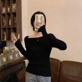 Word Shoulder Knitted Bottom Sweater Underwear Sweater Autumn And Winter Minority Design Chic Short Blouse-Outfit